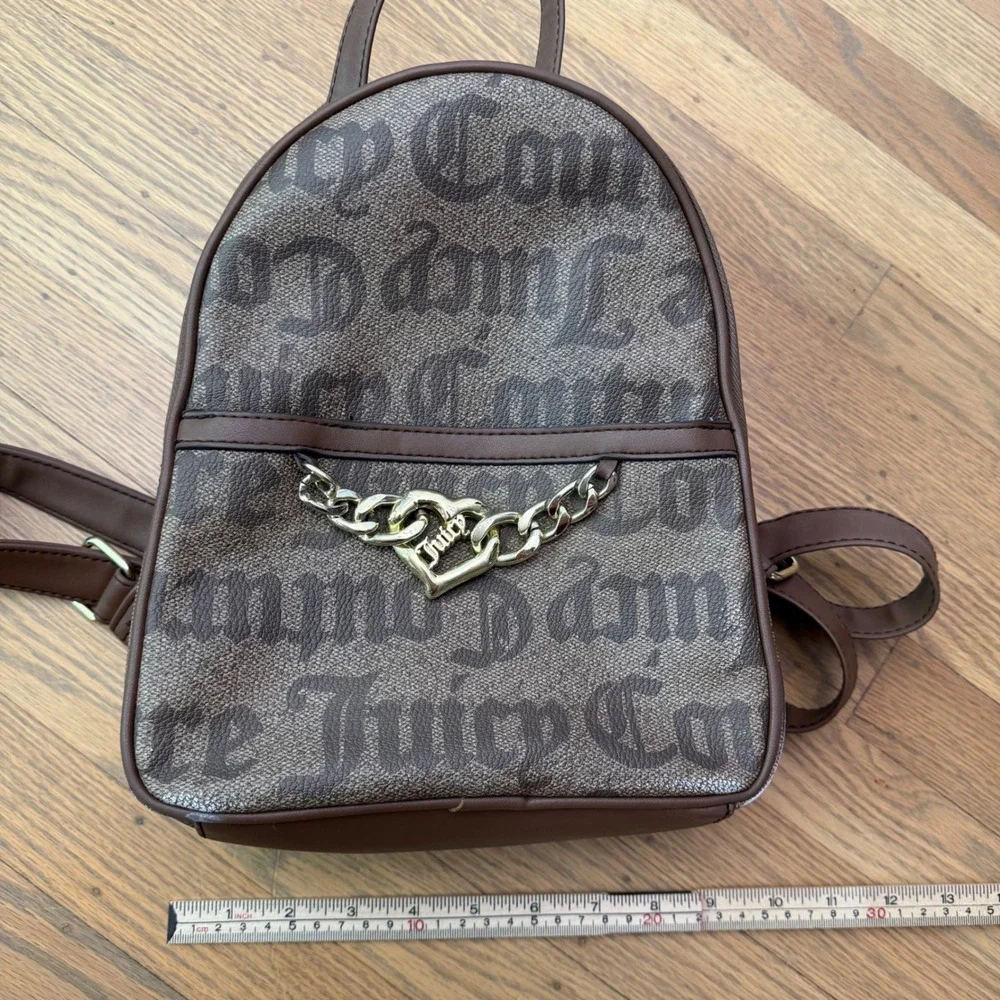 Juicy Couture Brown Monogram Mini Backpack Gold Heart Chain Logo Print Bag